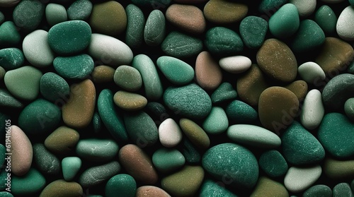 Green and brown pebbles background. Smooth stones texture. Generative AI.