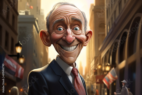 Caricature of a politician type figure, mature man, cartoon, extreme portraits, facial feature