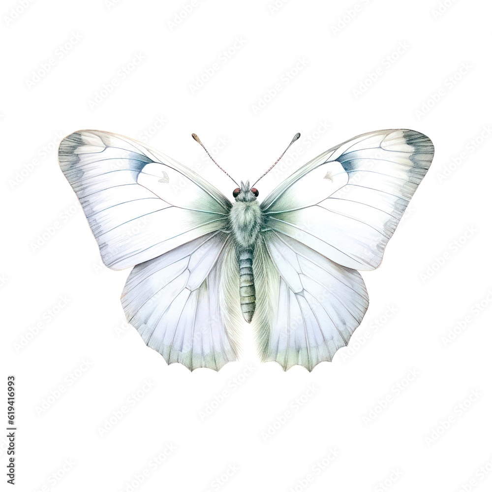 Watercolor illustration of a white butterfly isolated on white background. Generative AI. Watercolor illustration of a white butterfly isolated on white background. Generative AI.