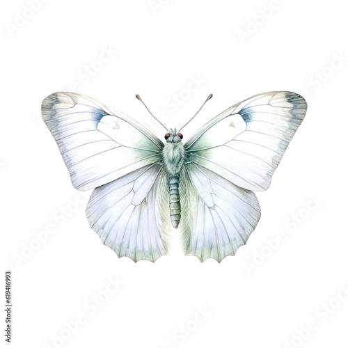Watercolor illustration of a white butterfly isolated on white background. Generative AI.