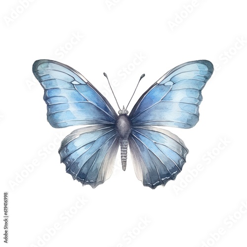Watercolor illustration of a light blue butterfly isolated on white background. Generative AI.