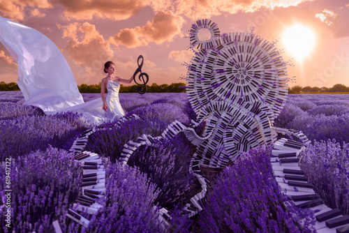 Beautiful woman in lavender field with treble clef and piano throne © Alexei
