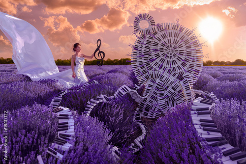 Beautiful woman in lavender field with treble clef and piano throne