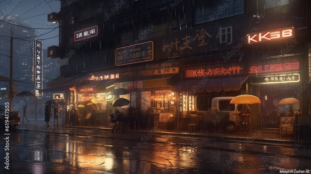 Rainy day in the city, 3d rendering. Computer digital drawing.