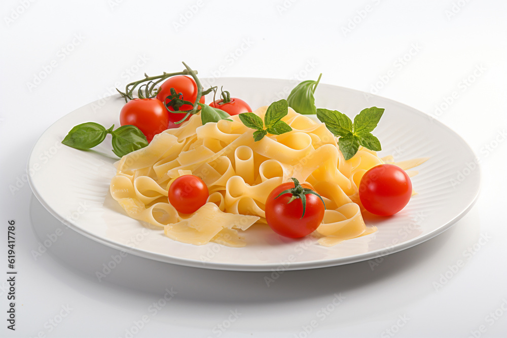 plate of pasta and tomatoes with celery leaves white background