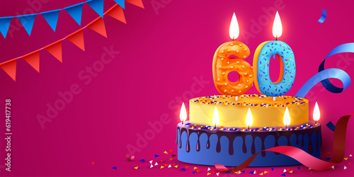 60 years anniversary. Cake with burning candles and confetti. Birthday banner.