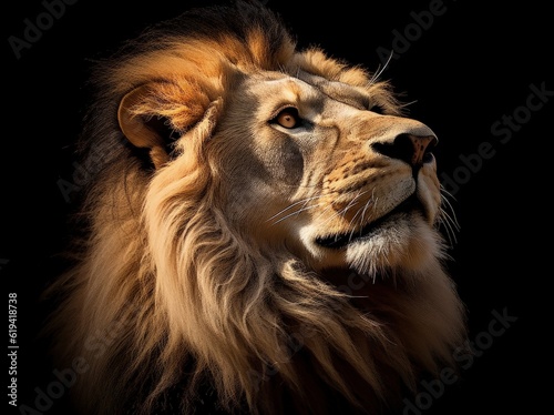 Imposing lion on black background  digital illustration. Generative AI