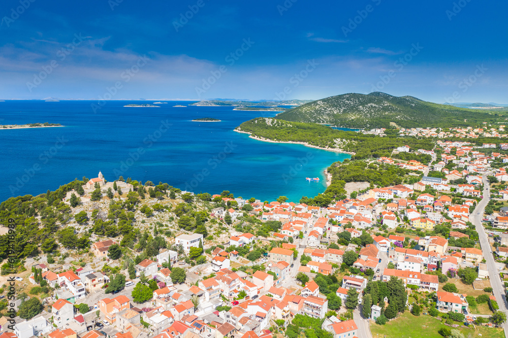 Panoramic view of town of Tribunj and island archipelago in Dalmatia, Croatia