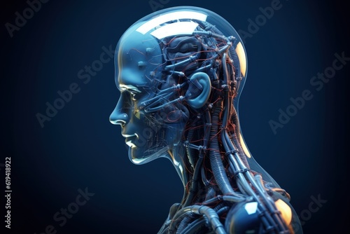 Cyborg, AI and technology concept, robot on dark blue background. Generative AI