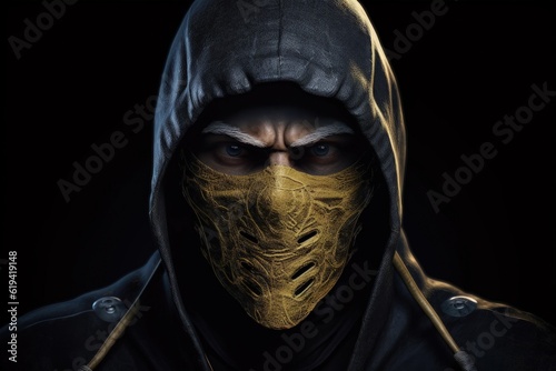 Fényképezés Gloomy ninja with mask, black background. Generative AI