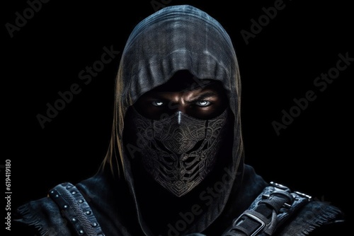 Vászonkép Gloomy ninja with mask, black background. Generative AI