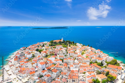 Adriatic town of Primosten, aerial panoramic view, Dalmatia, Croatia