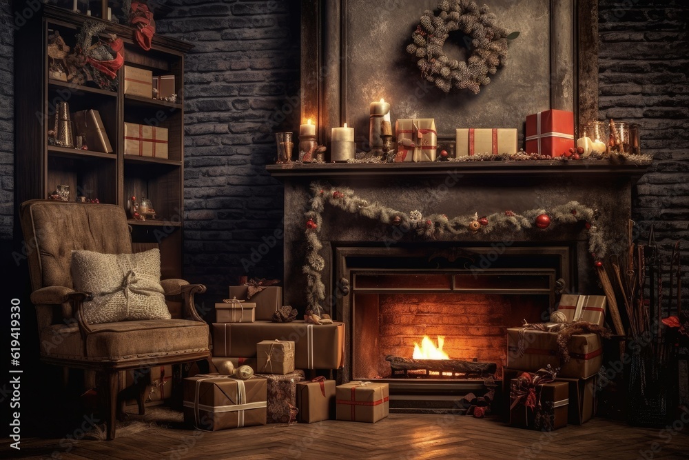 Living room with fireplace, Christmas tree and gifts, digital illustration. Generative AI