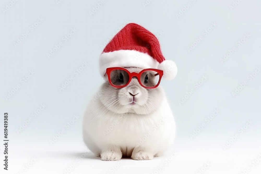 Rabbit in Santa Claus hat and sunglasses, Christmas holiday. Generative AI