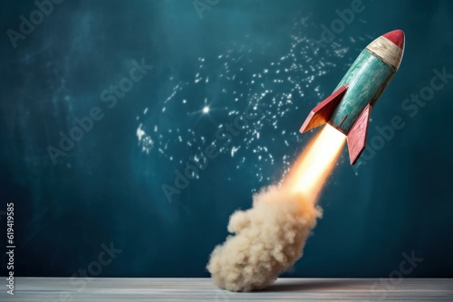 Rocket taking off, startup concept, blue background, digital illustration. Generative AI