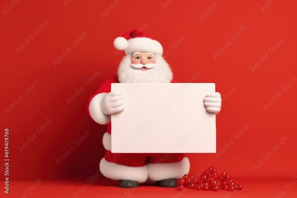 Santa Claus dummy holding white card, space for writing, christmas holiday concept. Generative AI Santa Claus dummy holding white card, space for writing, christmas holiday concept. Generative AI