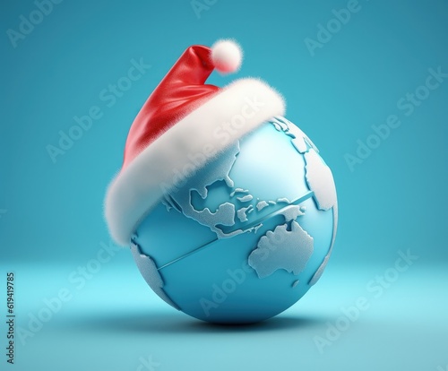 Earth globe with santa claus hat, christmas concept. Generative AI
