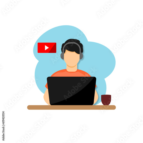 illustration of a man enjoying youtube music on a laptop,