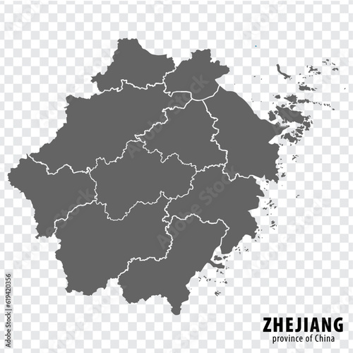 Blank map  Province Zhejiang of China. High quality map Zhejiang with municipalities on transparent background for your web site design  logo  app  UI. People s Republic of China.  EPS10.