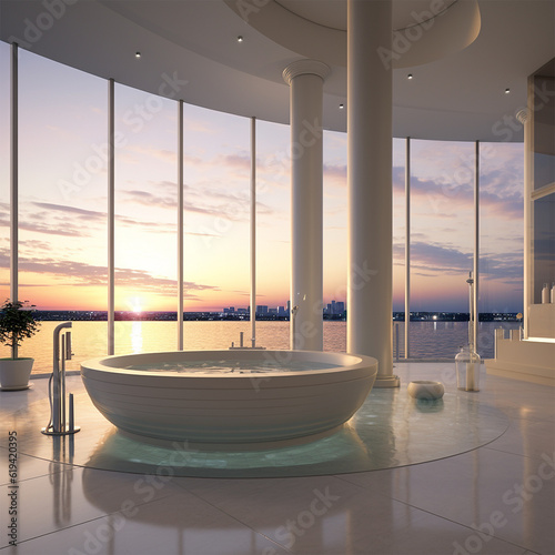 Luxurious bathroom with a wide window, sea view, trendy interior at sunset ge...