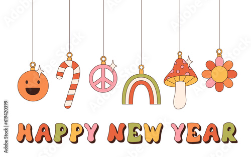 Groovy Christmas vibe set of Xmas tree balls and toys in trendy retro 60s hippie linear cartoon style. Peace, love, flower decor. Merry Christmas and Happy New year decor elements. Vector illustration