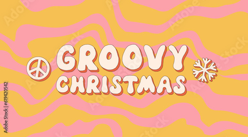 Groovy hippie Christmas. peace, rainbow in trendy retro cartoon style. Merry Christmas and Happy New year greeting card, poster, print, party invitation, background.
