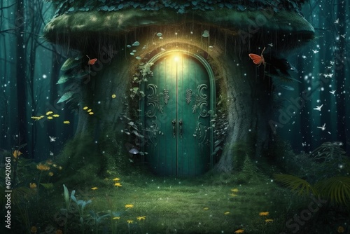 Magic door in the middle of the forest  concept of fantasy and dreams  digital illustration. Generative AI