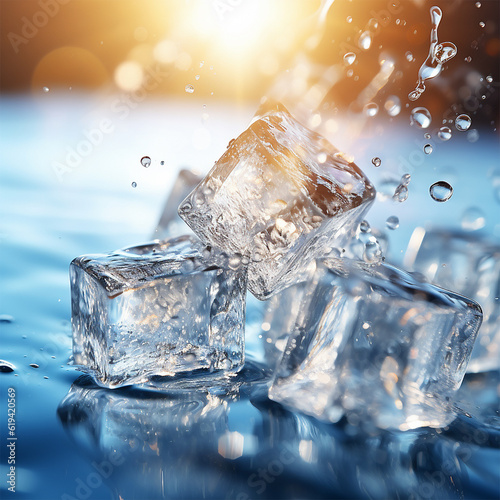Ice cubes with water splash, water background, macro, detailed close up gener...