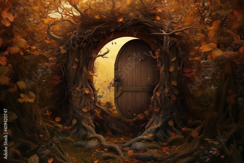 Magic door in the middle of the forest  concept of fantasy and dreams  digital illustration. Generative AI