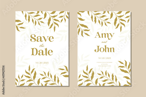 green botanical leaves wedding card template design