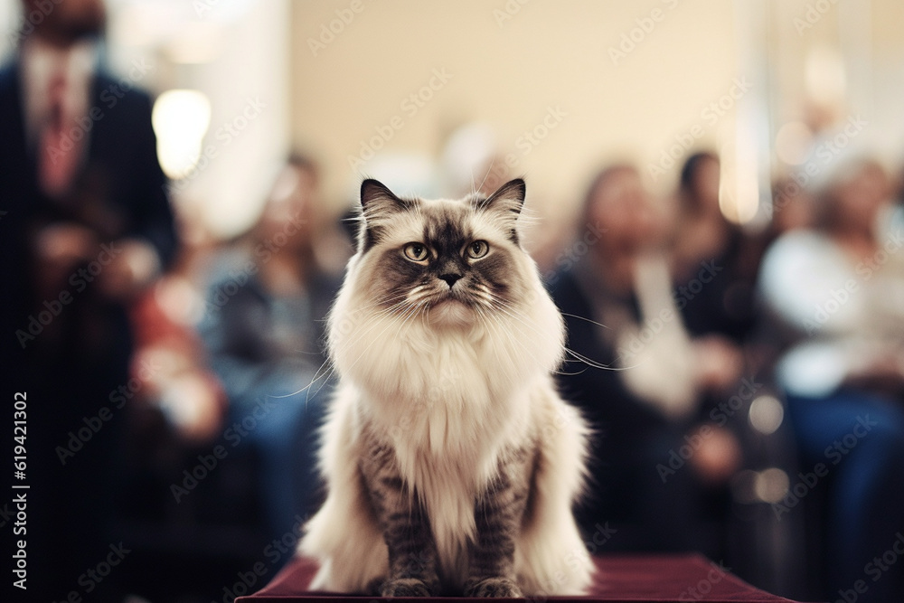 A wellgroomed show cat being admired by a judge in a cat show