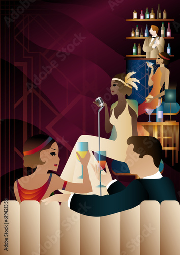 Party invitation design in retro art deco style. Party with a singer and a bartender in a club