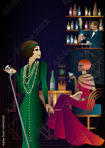 Party invitation design in retro art deco style. Party with a singer and a bartender in a club