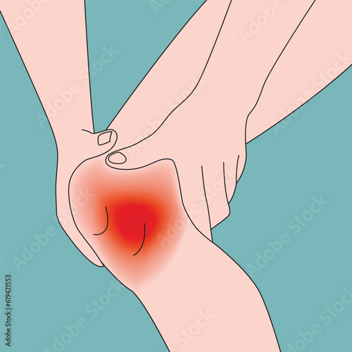 Poster with inflamed knee. Man holding hands on his leg. medical flat illustration