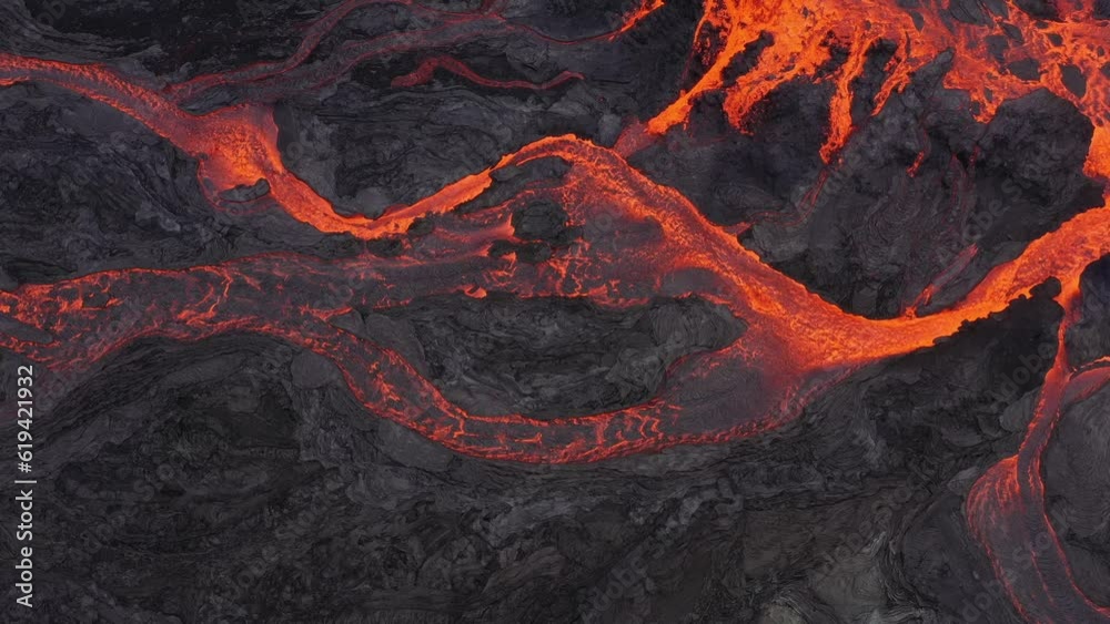 Outflowing lava flow, aerial view, drone video, Fagradalsfjall, Reykjanes Peninsula, Iceland, Europe