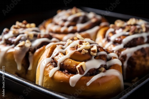 Homemade cinnamon buns in glaze on a dark plate with nuts and sauce, dark background.