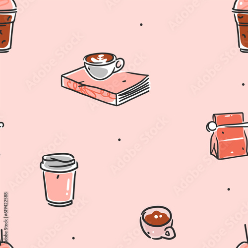 Hand drawn doodle coffee tools seamless pattern.Trending vector doodle illustrations for coffee shop and restaurant menu.Hand drawn coffee shop design concept and coffee break icons.Menu line art.