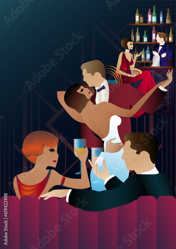 A couple of dancers at a party in retro style. vector illustration. Art Deco style.