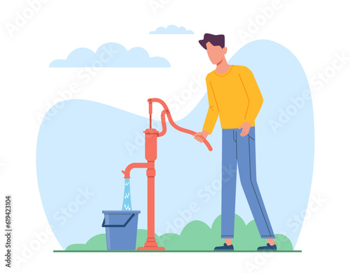 Man pumps water from well into bucket using water standpipe. Old vintage handle pipeline, mechanical process, machine pumping, pipe system, cartoon flat style isolated vector concept