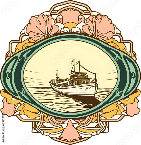 label art nouveau boat, yacht, chip - square. Generative AI