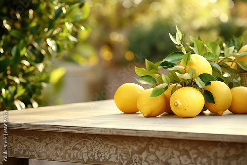 Frisch geerntete Zitronen auf einem Tisch mit Freiraum für Produktpräsentation, im Hintergrund unscharf eine Zitronenplantage. photo