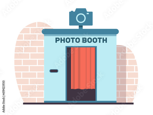 Photo booth for quick photos near brick wall. Digital kiosk for passport, family and wedding photos. Kiosk with red curtains. Photography equipment. Cartoon flat isolated vector concept