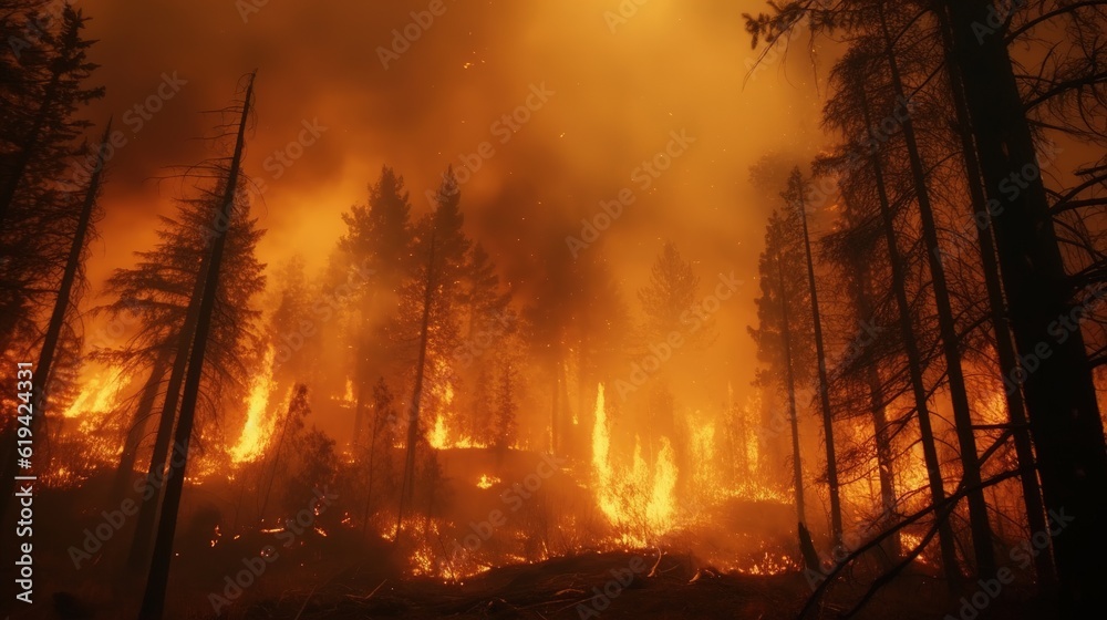 Forest fire. Wildfire burning pine forest in the smoke and flames.