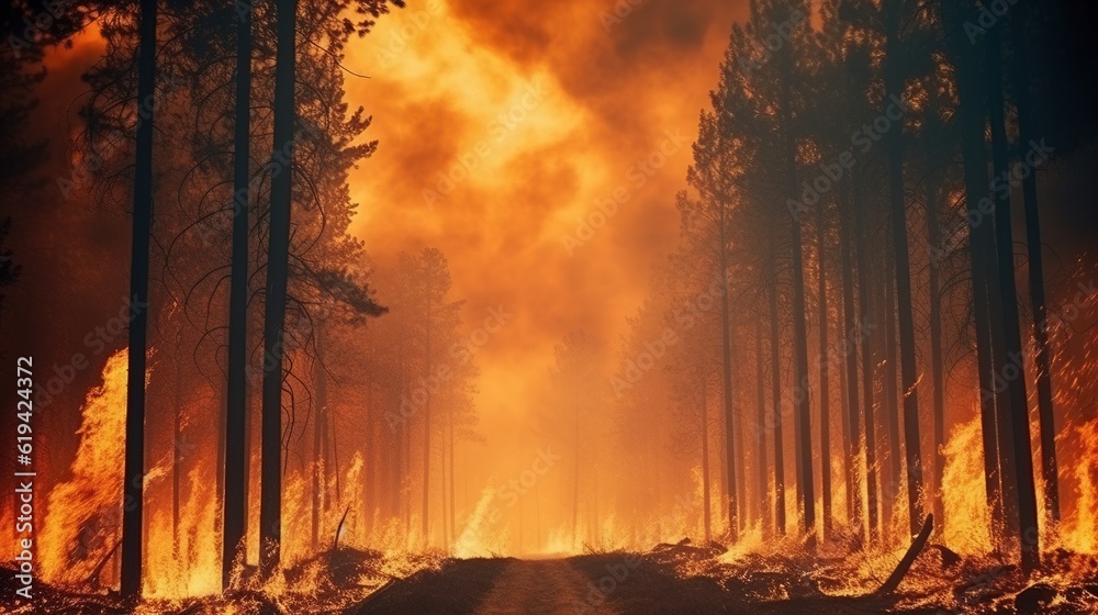 Forest fire. Wildfire burning pine forest in the smoke and flames.