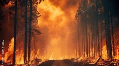 Forest fire. Wildfire burning pine forest in the smoke and flames.