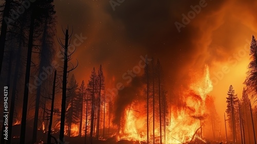 Forest fire. Wildfire burning pine forest in the smoke and flames.