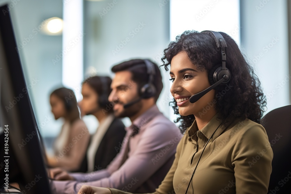 Obraz premium Portrait of female call center worker accompanied by his team. Smiling customer support operator at work. Diverse group of people.