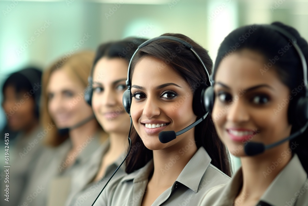 Team of young multiethnic women customer support phone operators working in office. Team of young multiethnic women customer support phone operators working in office.