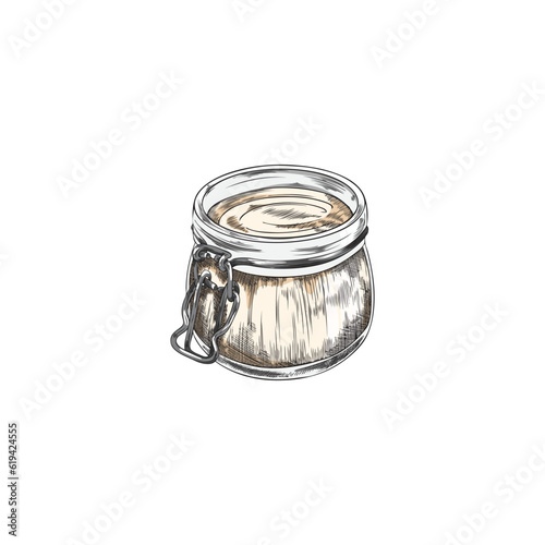 Coconut oil in jar for cooking and body sketch vector illustration isolated.