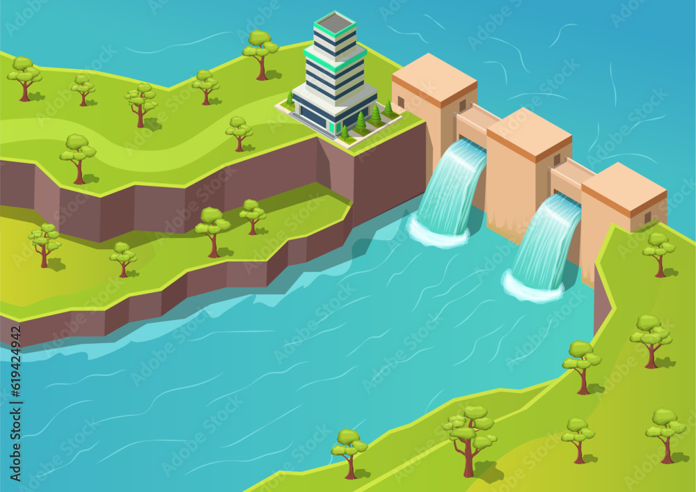 Isometric river with dam